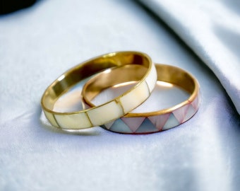 Mother of Pearl and Brass Bangle Bracelets | Vintage Costume Jewelry