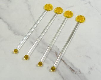 Glass Lemon Slice Stir Sticks | Set of 4 Vintage Fruit Swizzle Sticks