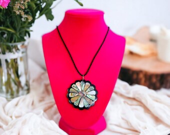 Abalone Shell Flower Necklace on Black Cord