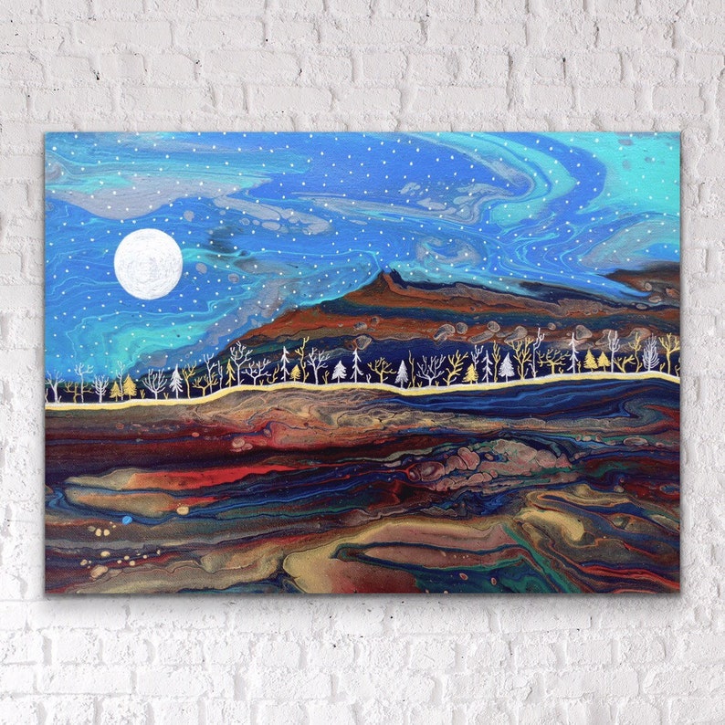 LUNA SILVER ~ Embellished Original Fluid Art Acrylic Painting on Canvas Paint Pour Abstract 12x16