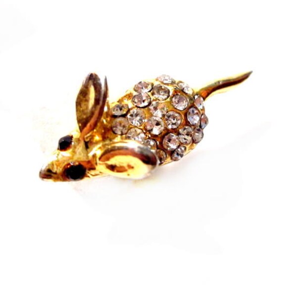 Vintage Rhinestone Pin / Tiny Gold Metal Rhineston Mouse Tack Pin Brooch / Costume Jewelry