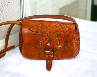 Small Tooled Leather Purse | Vintage Hand Tooled Star Leaf Floral Handbag