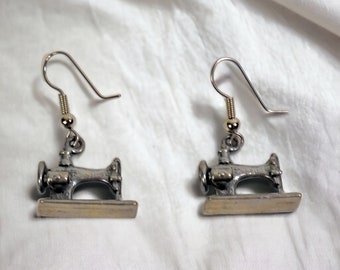 Pewter Sewing Machine Earrings | Vintage Dangle Pierced Seamstress Earrings