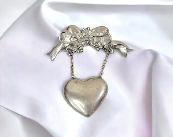 Pewter Ribbon Bow Heart Dangle Brooch | Vintage Silver Pin by SEAGULL Pewter Canada