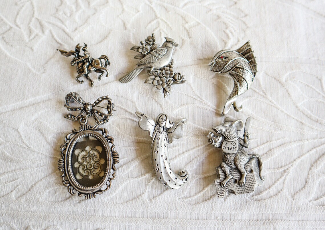 Pewter Brooch Lot Vintage Signed Pins Etsy