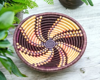 Coil Basket Bowl Wall Hanging | Hand Woven Grass Rope Basket | Beige Plum Pink Purple