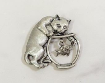 Vintage Cat and Fish Bowl Brooch, Signed JJ Silver Pewter Pin, Costume Jewelry