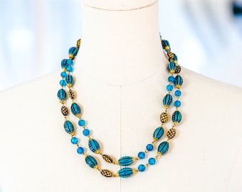 Mid Century German Bead Necklace | Vintage Blue Black Gold Acrylic Beaded Double Strand Necklace