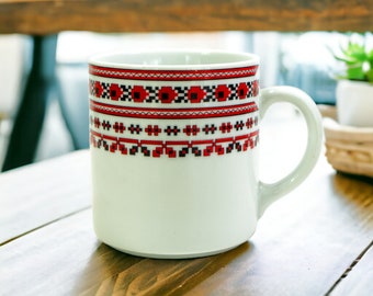 Vintage White and Red Bavaria Ceramic Mug Coffee Cup | Ukrainian Embroidery Design