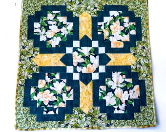 Vintage Crazy Quilt | Baby Blanket | Handmade Patchwork Throw | Magnolia Blossms Flowers