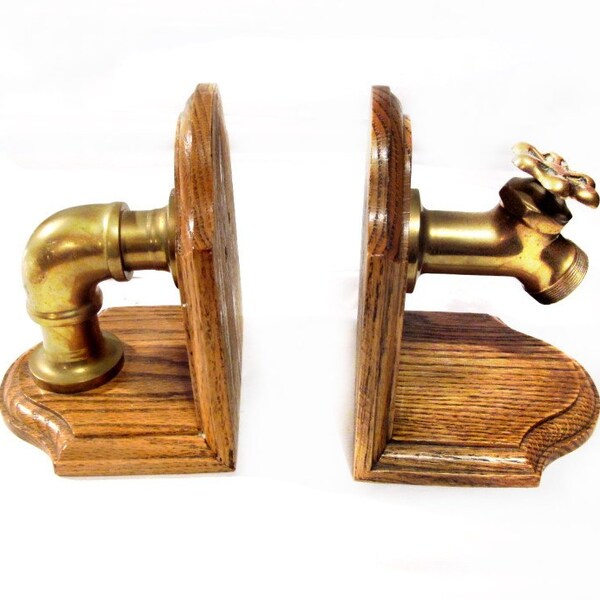 Vintage Wood Brass Metal Pipes / Plumbing Faucet Tap Bookends Book Ends