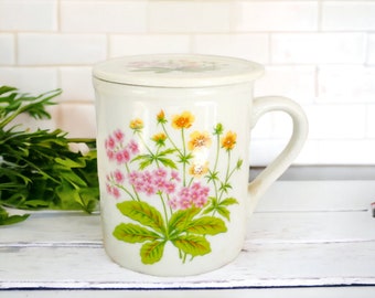 Ceramic Floral Mug | Tea Coffee Cup with Lid or Coaster | Botanical Flowers | Made in Japan