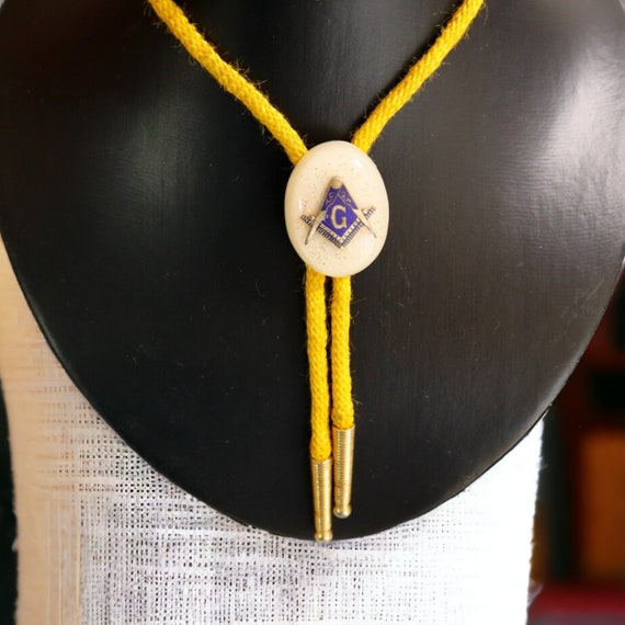 Vintage Masonic Bolo Tie | Yellow Cord | Metal En… - image 1