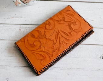 Handmade Tooled Leather Wallet | Flower / Floral | Vintage Clutch Wallet
