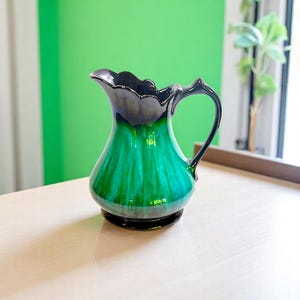 Blue Mountain Pottery Scalloped Rim Pitcher | 8" Canadian BMP Vase in Blue-Green Drip Glaze