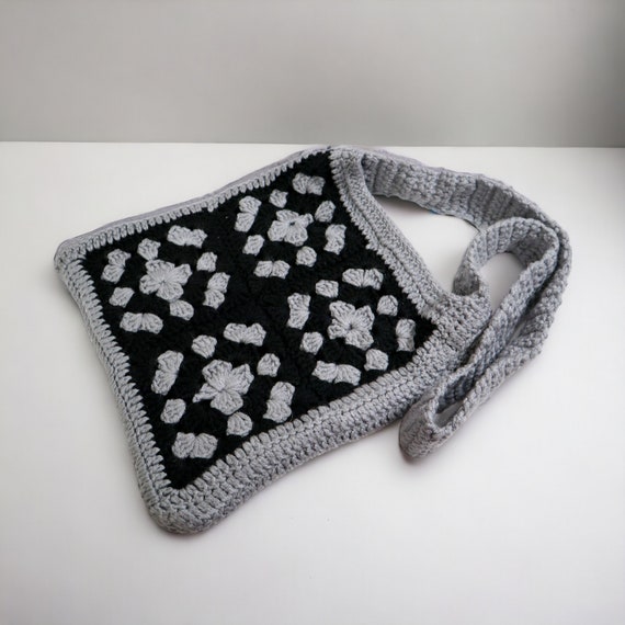 Vintage Crocheted Granny Square Tote Bag | Grey G… - image 1