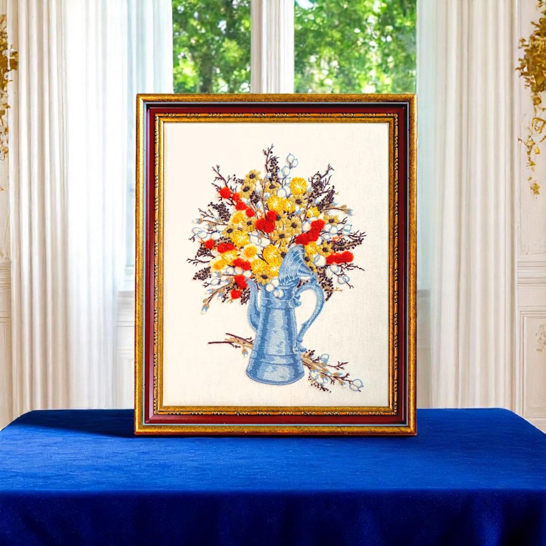 Vintage Framed Crewel Embroidery – Large 1970s Autumn Floral in Blue ...