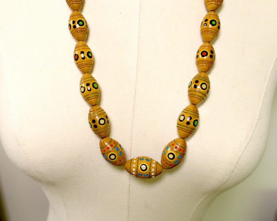 Handmade Polish Folk Art Wood Bead Necklace Hand Painted Inlaid Glass Beads 26 Inch View 3