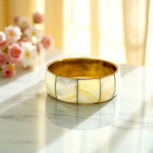 Bracelet jonc incrusté de nacre vintage – Bracelet bohème large en laiton