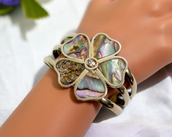 Vintage Mexican Alpaca Silver Abalone Shell Flower Cuff Bracelet