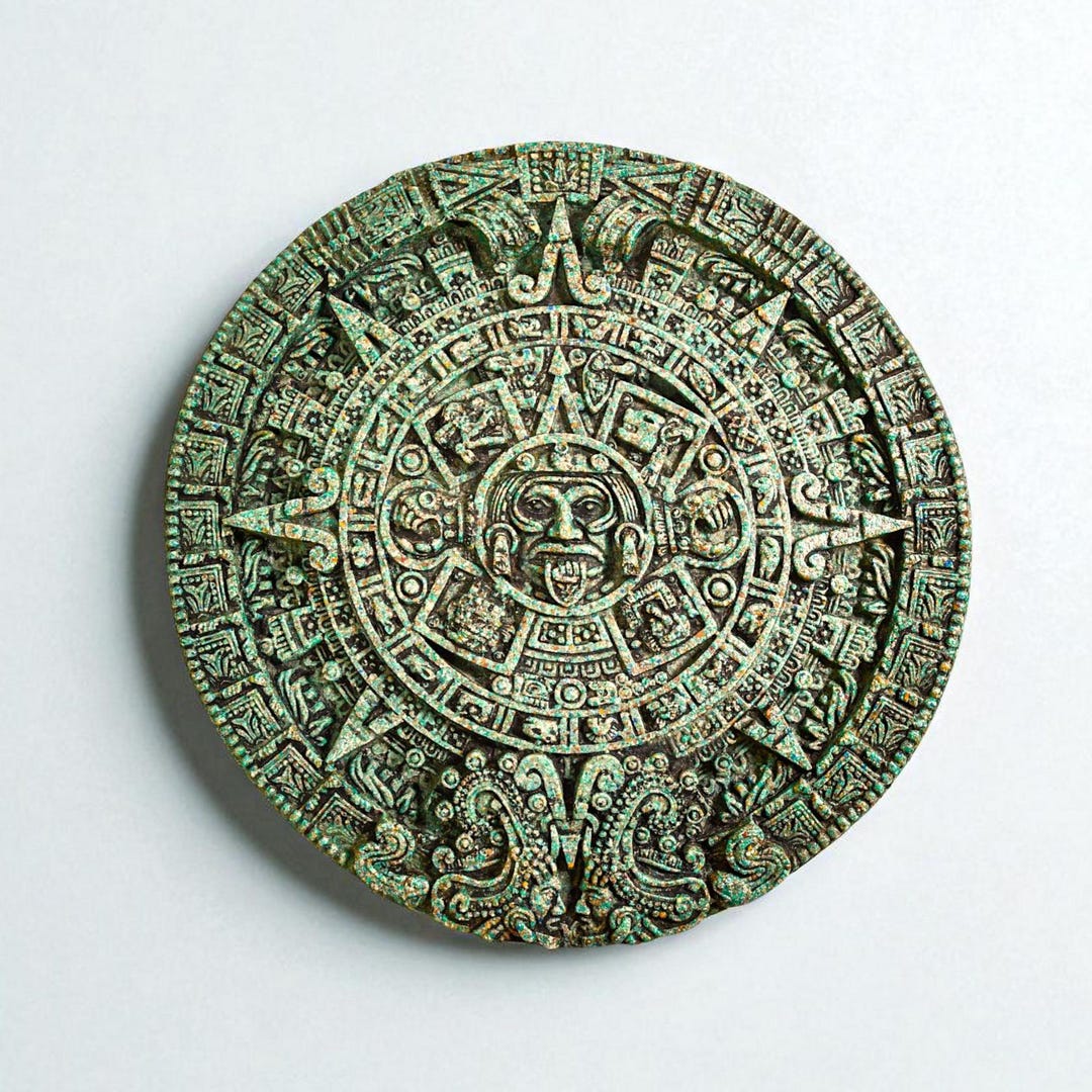 Vintage Aztec Sun Calendar Wall Hanging, Malachite Inlay Resin Plaque ...