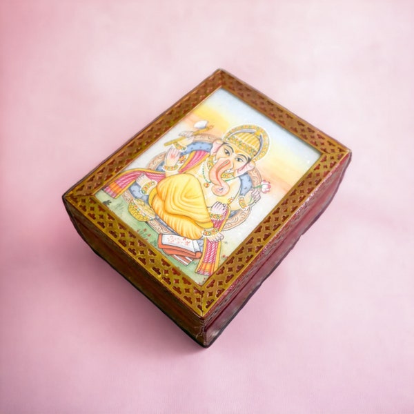 Vintage Indian Gemstone Painting Wood Box | Handmade Crushed Gemstone Art Ganesh Trinket Box