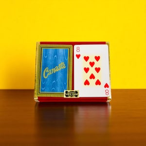 Cartes à jouer vintage Canasta à deux étages – inutilisées avec revêtement en plastique Duratone, scellées avec des timbres fiscaux