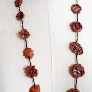 Vintage Walnut Slice Wood and Glass Seed Bead Necklace Long Handmade Beaded Necklace image 3