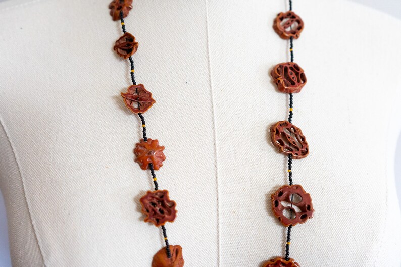 Vintage Walnut Slice Wood and Glass Seed Bead Necklace Long Handmade Beaded Necklace image 3