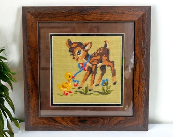 Vintage Framed Deer and Duck Needlepoint Wall Hanging