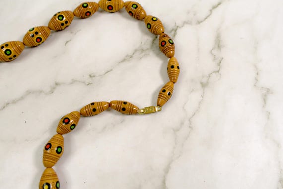 Handmade Polish Folk Art Wood Bead Necklace Hand Painted Inlaid Glass Beads 26 Inch View 5