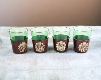 Vintage Green Liqueur Glasses with Leather Sleeve | Small Vodka Glasses