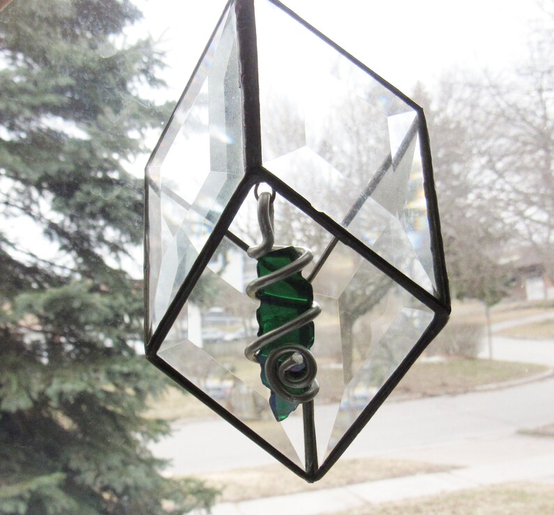 Window Ornament Dichroic Glass 3D Geometric Cube Handmade Sun Catcher