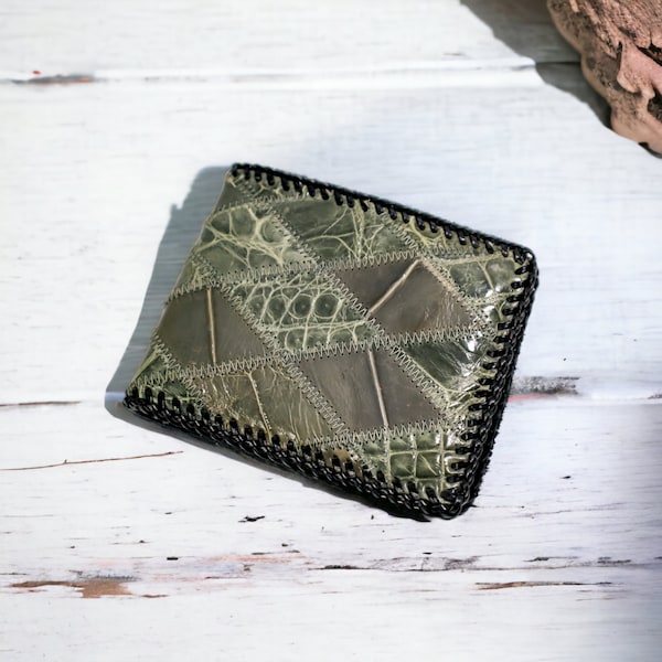 Vintage Genuine Reptile Alligator Leather Wallet | Grey Gray Patchwork