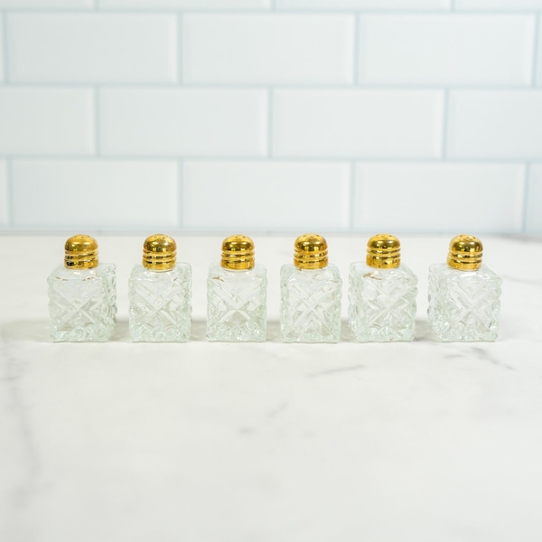 Mini Glass Salt and Pepper Shakers with Gold Plated Lids | Vintage Tableware Set of 6