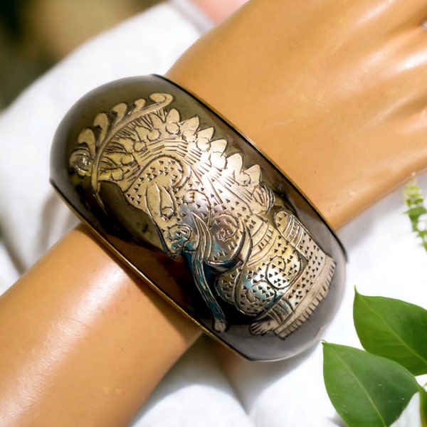 Mexican Aztec Brass Bracelet with Silver Plated Inlay | Vintage Puffy Bangle Bracelet