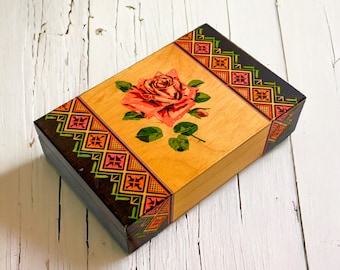 Handmade Wood Keepsake Box | Vintage Trinket Box | Polish Folk Art Jewelry Box | Hand Painted Rose Flower