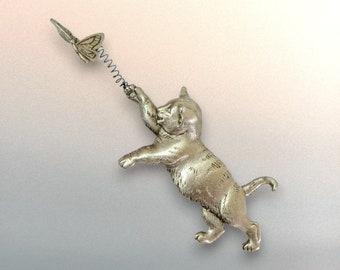 JJ Pewter Cat Brooch | Kitten Chasing Butterfly on a Spring Pin