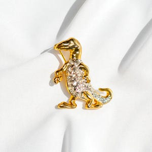 Vintage Rhinestone Dinosaur Brooch — Gold Tone Crystal Pin (1 3/4&quot;)