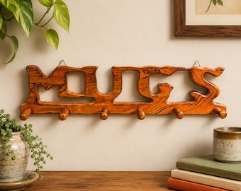 Handmade Wooden MUGS Wall Rack, Carved Mug Holder with 5 Pegs