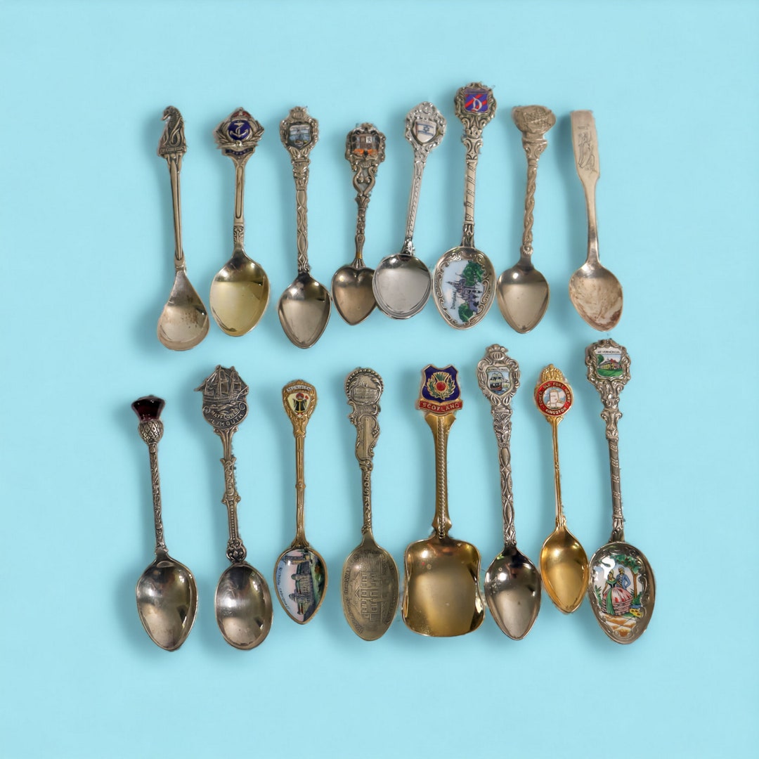 Vintage Souvenir Spoons Brass Silver Plated Enamel Spoon Etsy