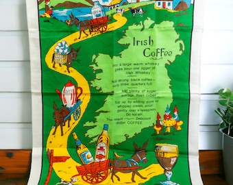 Vintage Irish Linen Tea Towel | Printed Irish Coffee Recipe Dish Towel