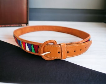 Vintage Leather Belt | Handmade Colorful Embroidery Leather Belt | Size 40