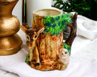 Vintage Bambi and Thumper Art Pottery Mug or Vase | Ceramic Disney Deer and Rabbit