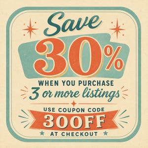 Puede incluir: Un gr&aacute;fico cuadrado con esquinas redondeadas que presenta el texto Save 30% WHEN YOU PURCHASE 3 or more listings y USE COUPON CODE 30OFF AT CHECKOUT. El dise&ntilde;o utiliza una paleta de colores naranja, verde azulado y crema con estrellas.