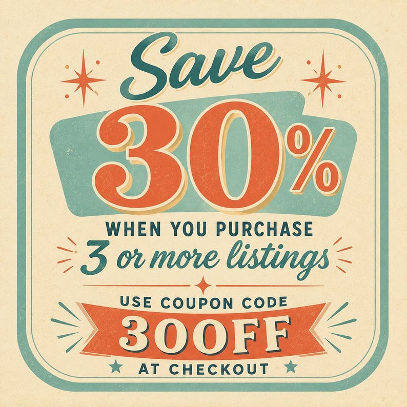 Puede incluir: Un gr&aacute;fico cuadrado con esquinas redondeadas que presenta el texto Save 30% WHEN YOU PURCHASE 3 or more listings y USE COUPON CODE 30OFF AT CHECKOUT. El dise&ntilde;o utiliza una paleta de colores naranja, verde azulado y crema con estrellas.