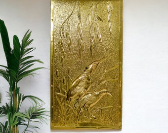 Large Embossed Brass Birds Plaque | Vintage Repousse Metal Wall Hanging