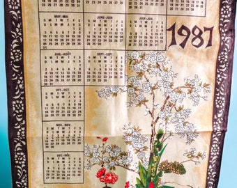 Floral Printed Linen Tea Towel | Vintage 1987 Calendar Dish Towel