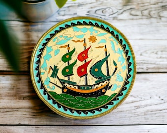 Enamel on Brass Viking Ship | Vintage Wall Hanging