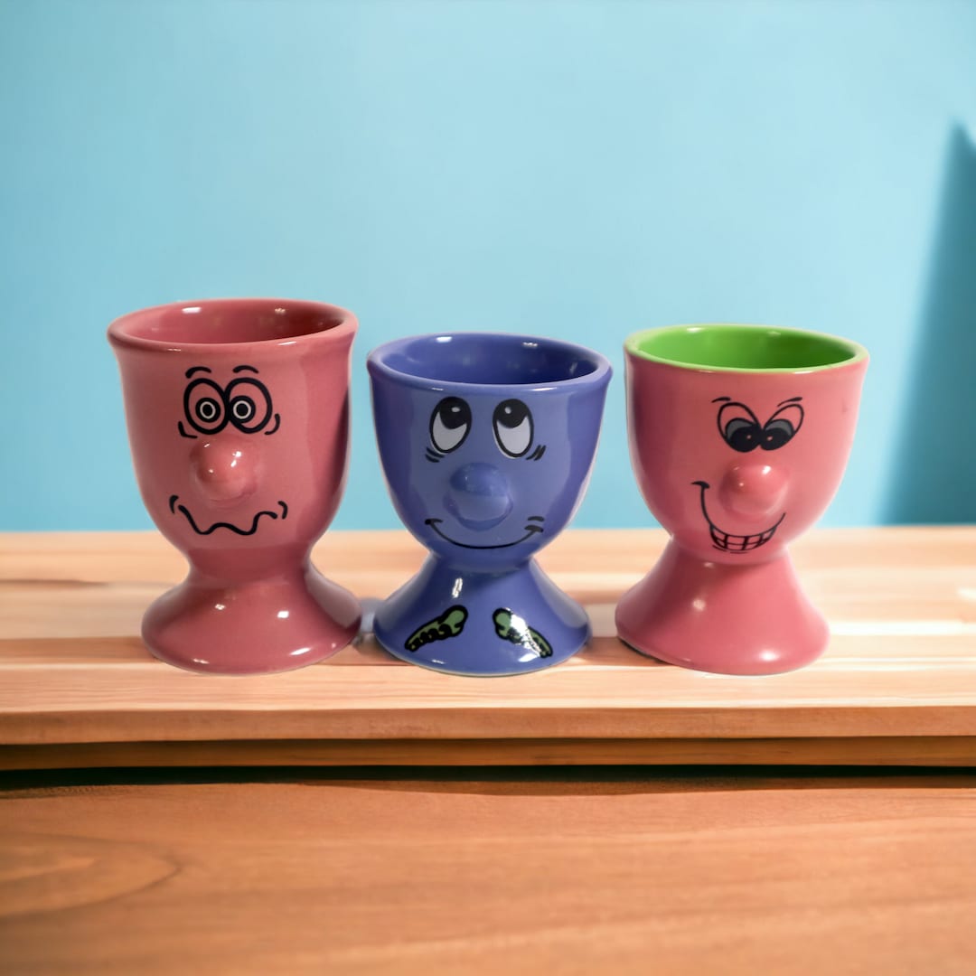 Trio of Funny Face Egg Cups Vintage Ceramic Egg Cups Etsy